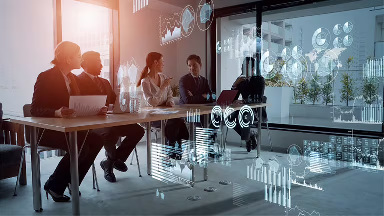 Group of business professionals in a meeting with AI holograms