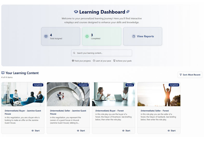 A learning dashboard showing 4 assigned courses, 3 completed, with course cards featuring business and outdoor imagery.
