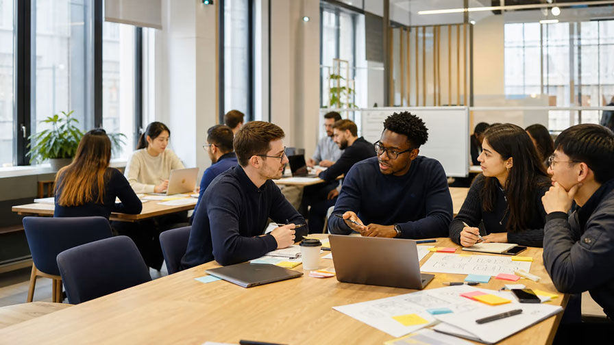 A diverse group of colleagues collaborating around a wooden table with laptops and notes in a bright, modern office.
