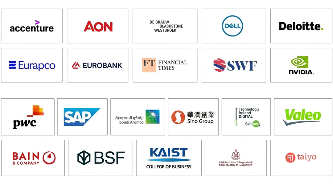 A grid of company logos including Accenture, AON, Deloitte, Dell, SAP, PwC, NVIDIA, and KAIST College of Business.