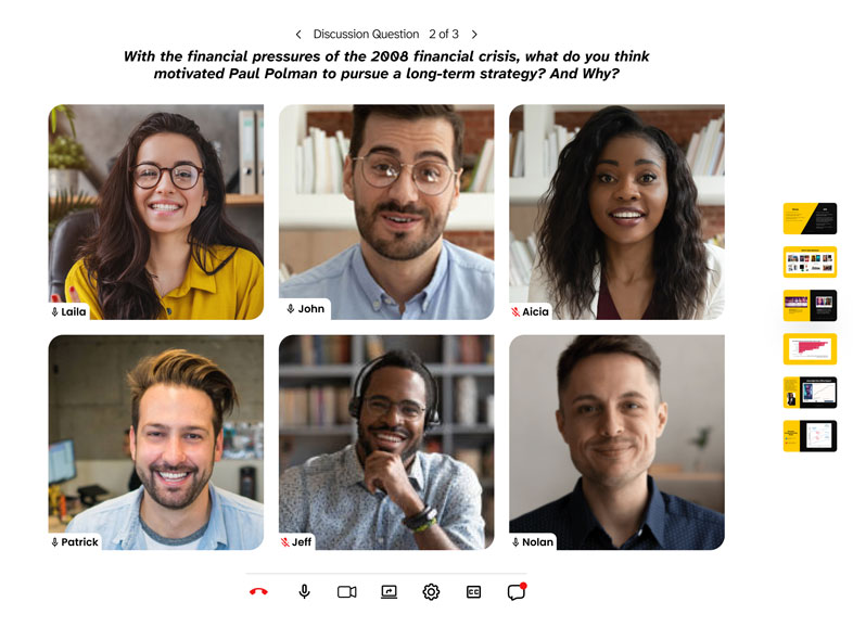 A video call interface showing six participants discussing a financial crisis question, with slide thumbnails visible on the right.